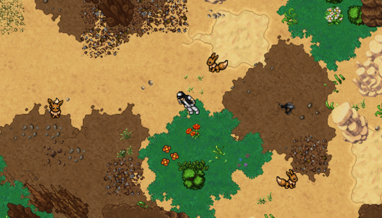 Treinador explorando um respawn de Eevee em Kanto