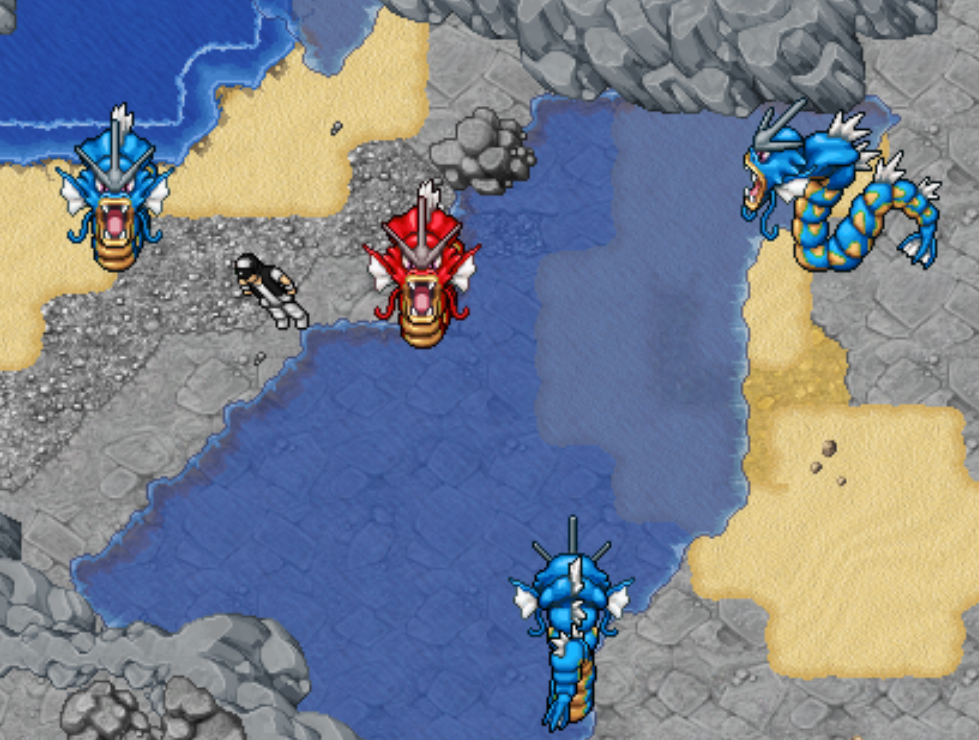 Treinador explorando uma área aquática com Gyarados e Gyarados Shiny